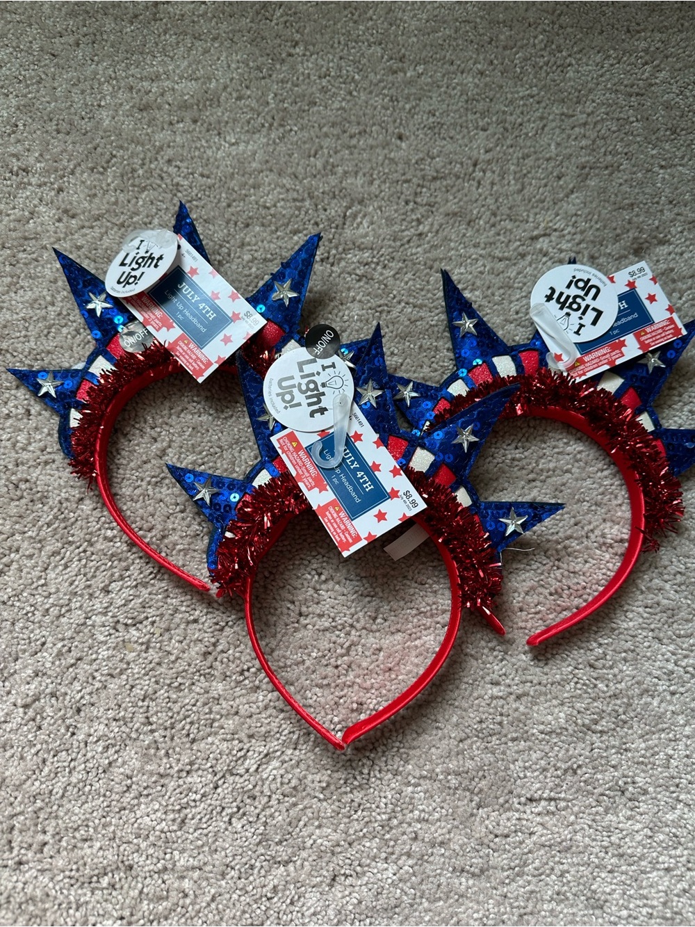 Three Patriotic Light-Up Star Headband - Red and Blue